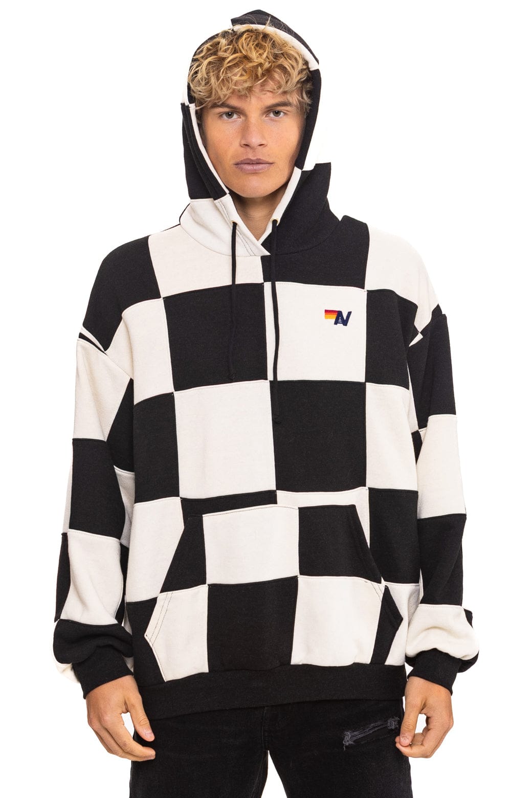 CHECK QUILT RELAXED PULLOVER HOODIE - VINTAGE WHITE // BLACK - Image 2