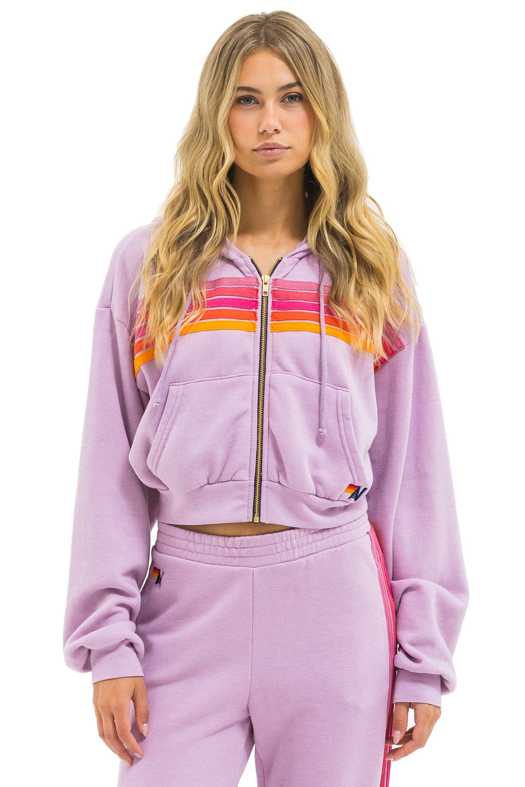 5 STRIPE CROPPED ZIP HOODIE RELAXED - MAUVE // MAGENTA // ORANGE