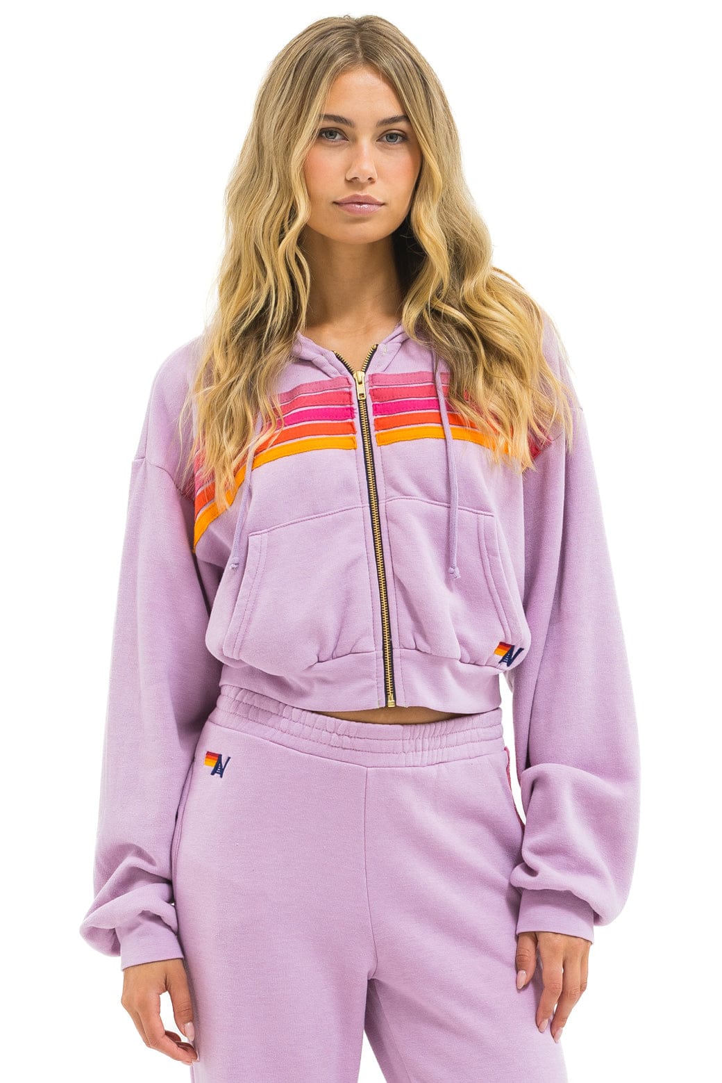 5 STRIPE CROPPED ZIP HOODIE RELAXED - MAUVE // MAGENTA // ORANGE - Image 5