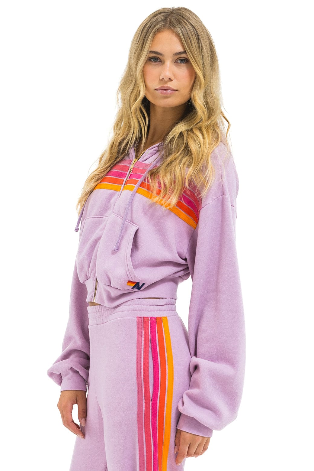 5 STRIPE CROPPED ZIP HOODIE RELAXED - MAUVE // MAGENTA // ORANGE - Image 3