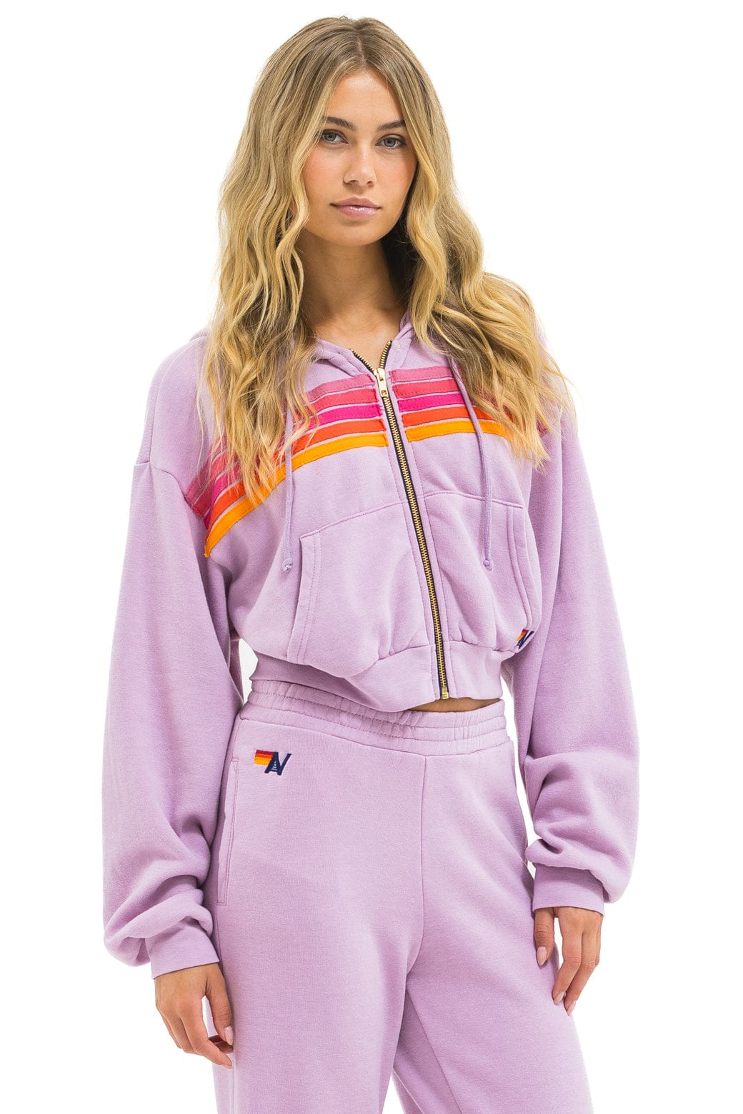 5 STRIPE CROPPED ZIP HOODIE RELAXED - MAUVE // MAGENTA // ORANGE - Image 2