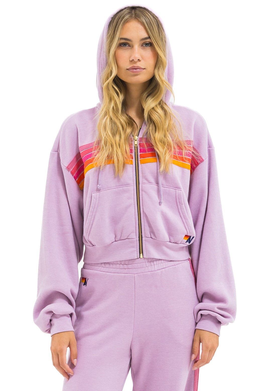 5 STRIPE CROPPED ZIP HOODIE RELAXED - MAUVE // MAGENTA // ORANGE - Image 4