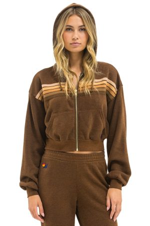 5 STRIPE CROPPED ZIP HOODIE RELAXED - CHOCOLATE // ESPRESSO