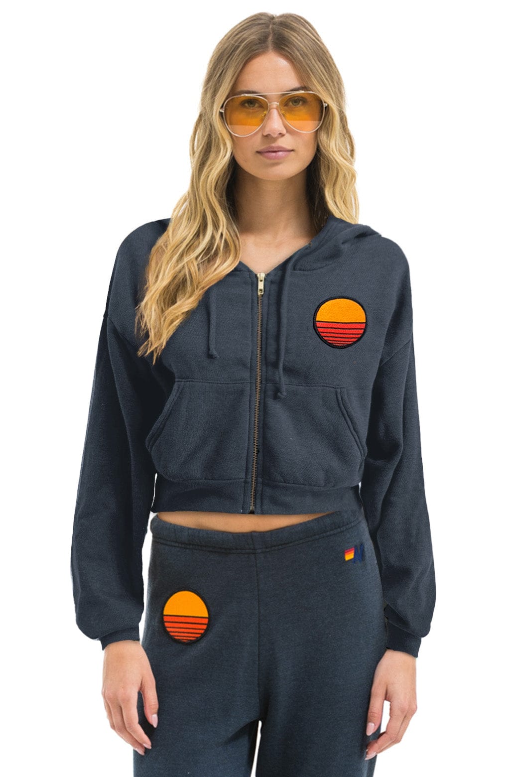 SUNSET PATCH RELAXED CROPPED ZIP HOODIE - CHARCOAL