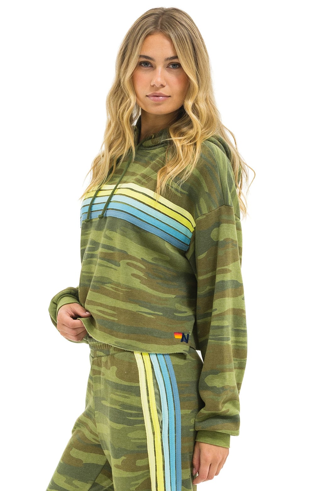 5 STRIPE RELAXED CROPPED PULLOVER HOODIE - CAMO // LIME // AQUA - Image 2