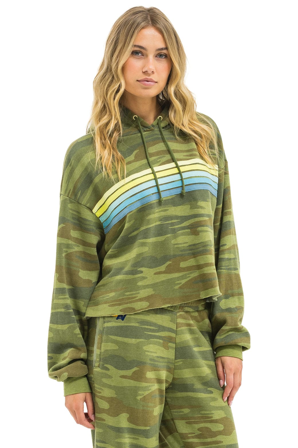 5 STRIPE RELAXED CROPPED PULLOVER HOODIE - CAMO // LIME // AQUA - Image 4