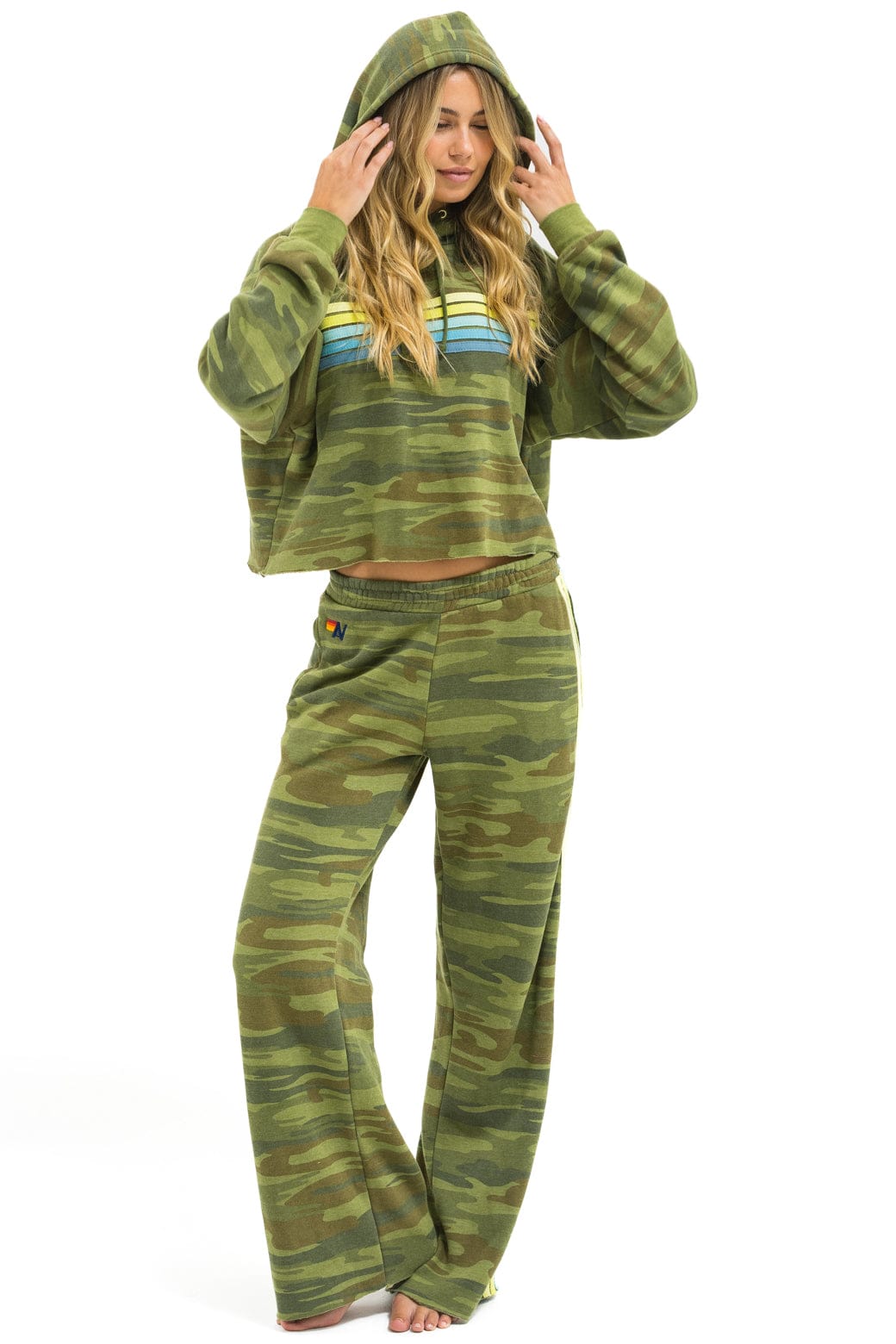 5 STRIPE RELAXED CROPPED PULLOVER HOODIE - CAMO // LIME // AQUA - Image 5