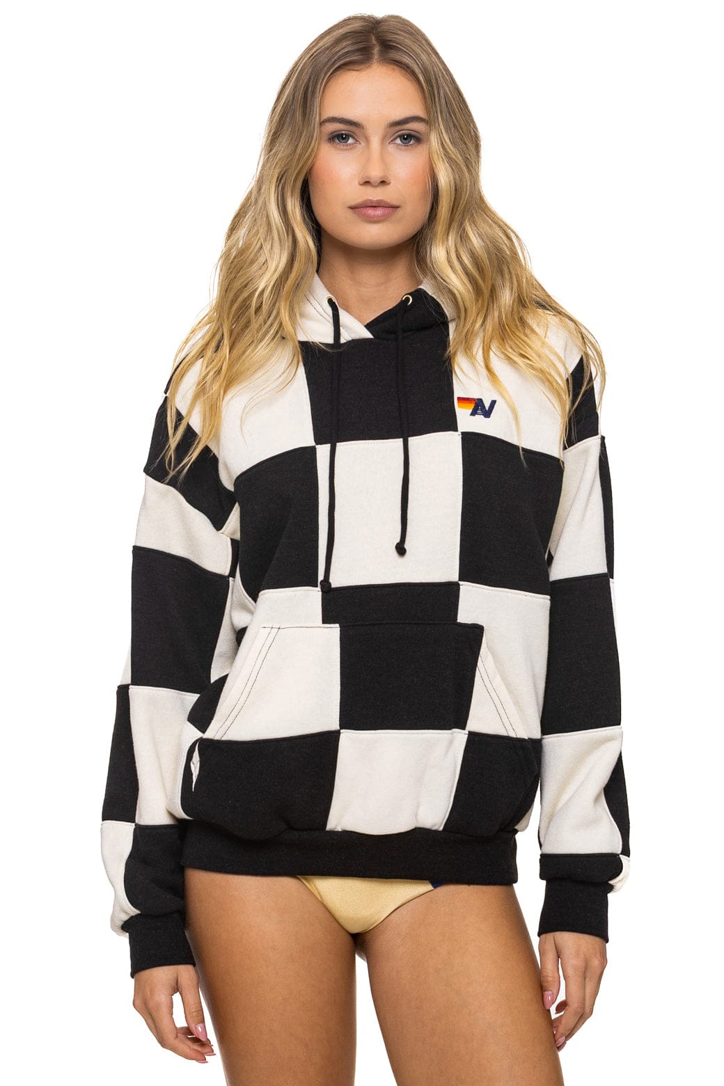 CHECK QUILT RELAXED PULLOVER HOODIE - VINTAGE WHITE // BLACK - Image 3