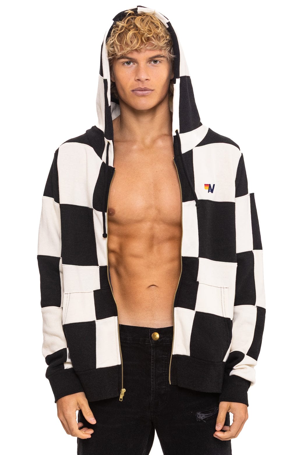 CHECK QUILT ZIP HOODIE - VINTAGE WHITE // BLACK - Image 2