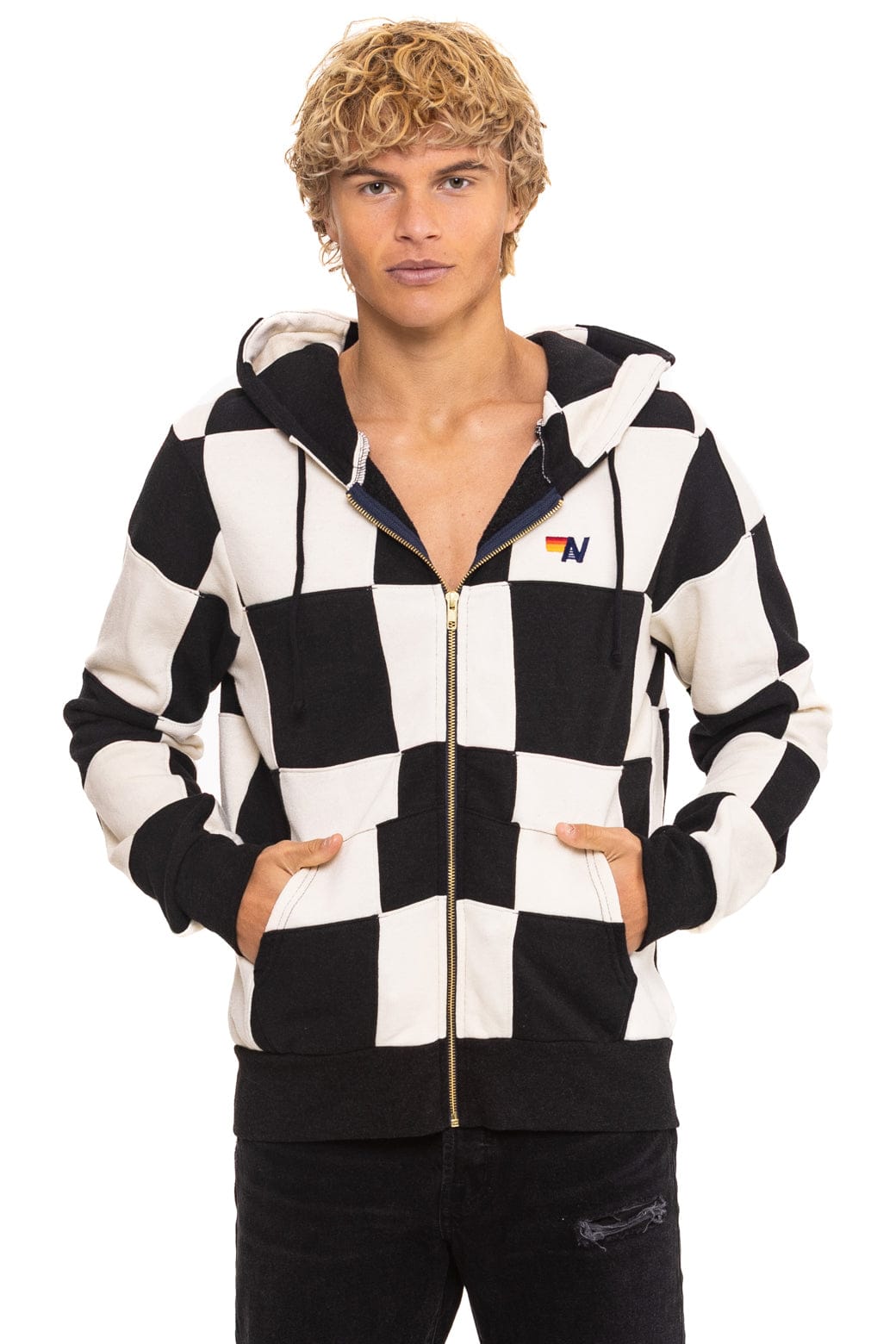 CHECK QUILT ZIP HOODIE - VINTAGE WHITE // BLACK - Image 6
