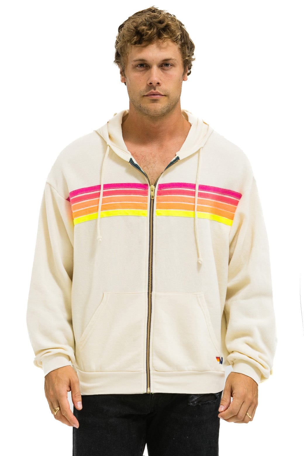 5 STRIPE RELAXED ZIP HOODIE - VINTAGE WHITE // NEON - Image 2