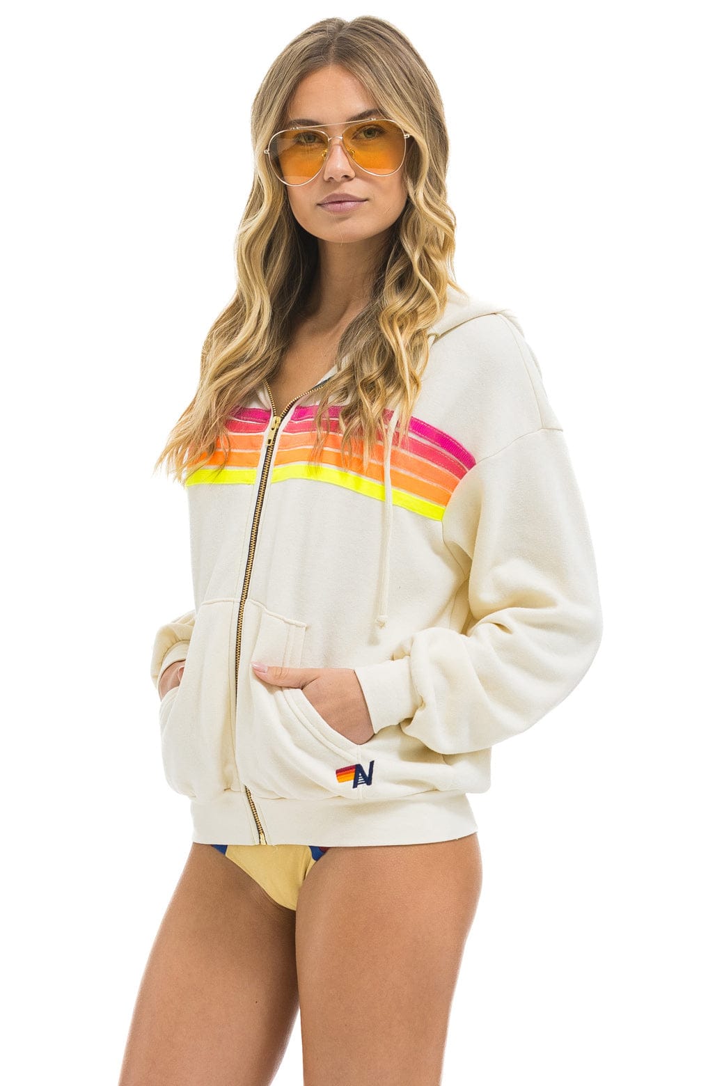 5 STRIPE RELAXED ZIP HOODIE - VINTAGE WHITE // NEON - Image 4