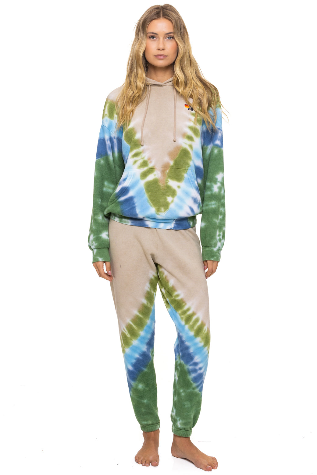 HAND DYED V RELAXED PULLOVER HOODIE - TIE DYE SAND // BLUE GREEN - Image 3