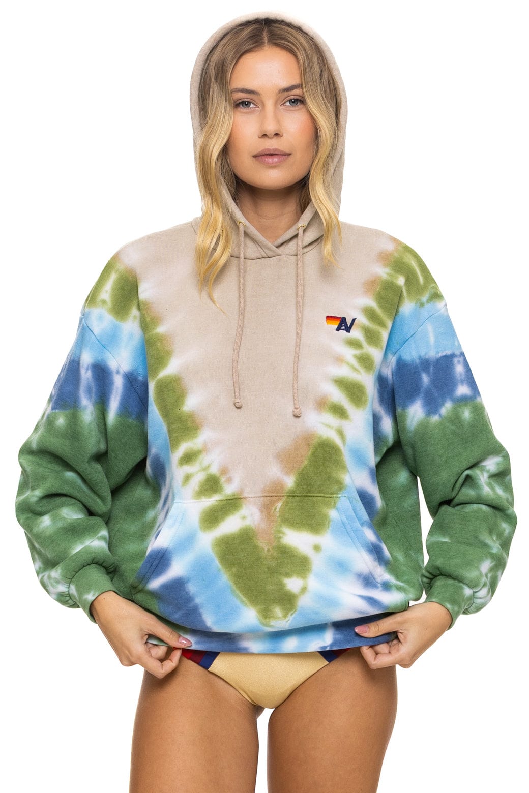 HAND DYED V RELAXED PULLOVER HOODIE - TIE DYE SAND // BLUE GREEN