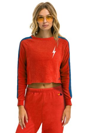 BOLT STRIPE 2 CROPPED CREW SWEATSHIRT - NEON RED