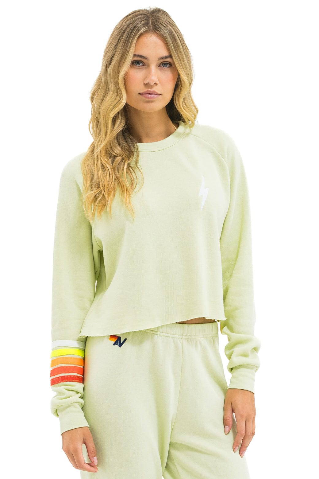 BOLT RUGBY STITCH CROPPED CREW SWEATSHIRT - LIME CREAM // WHITE NEON - Image 2