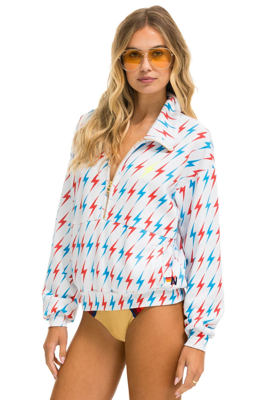 AVIATOR BOLT W/ BOLT EMBROIDERY FLEECE HALF ZIP SWEATSHIRT - WHITE // USA - Image 3