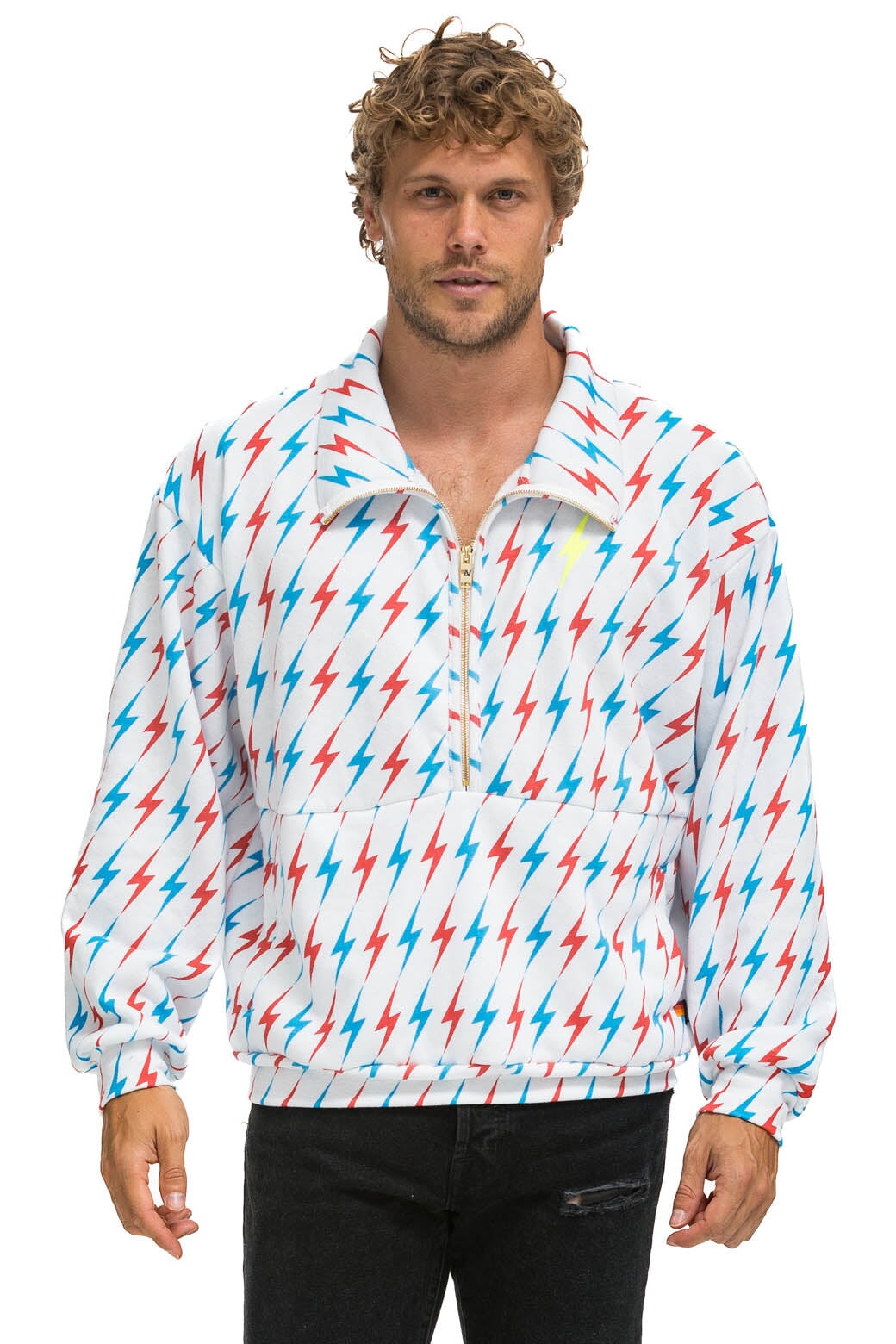 AVIATOR BOLT W/ BOLT EMBROIDERY FLEECE HALF ZIP SWEATSHIRT - WHITE // USA - Image 2