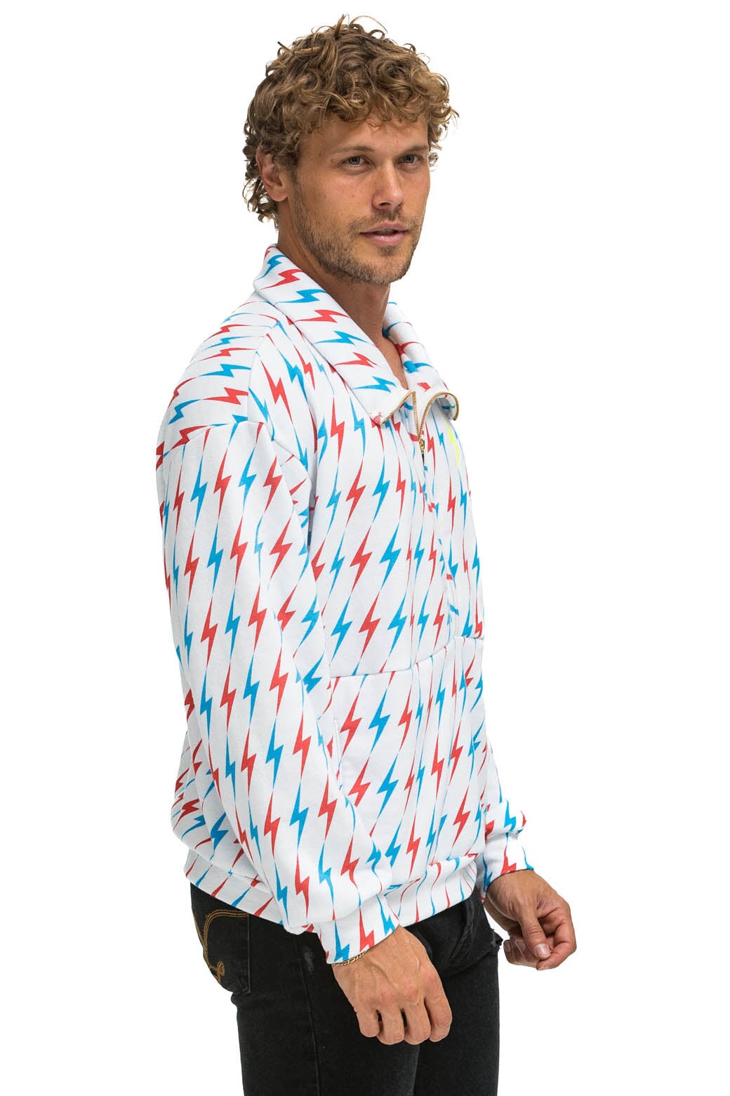 AVIATOR BOLT W/ BOLT EMBROIDERY FLEECE HALF ZIP SWEATSHIRT - WHITE // USA - Image 6