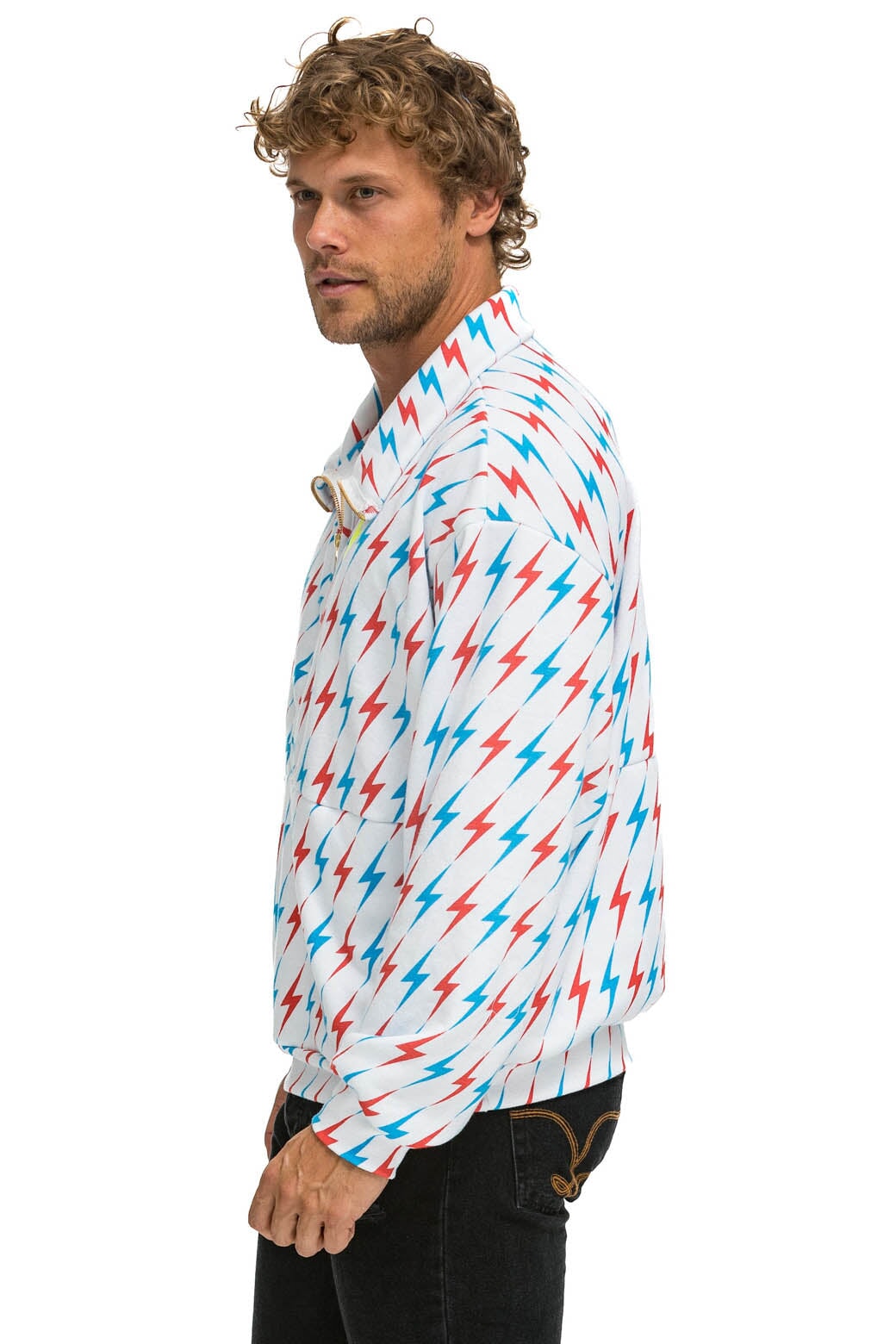 AVIATOR BOLT W/ BOLT EMBROIDERY FLEECE HALF ZIP SWEATSHIRT - WHITE // USA - Image 4