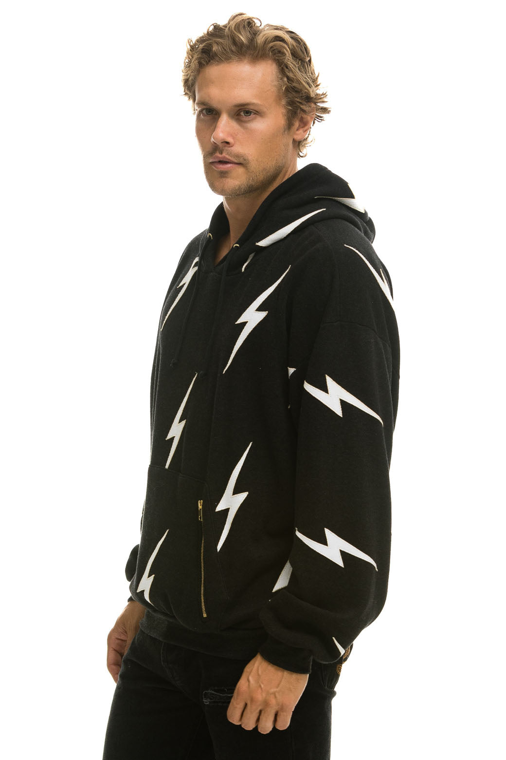 BOLT STITCH REPEAT RELAXED PULLOVER HOODIE WITH POCKET ZIPPERS - BLACK // WHITE - Image 4