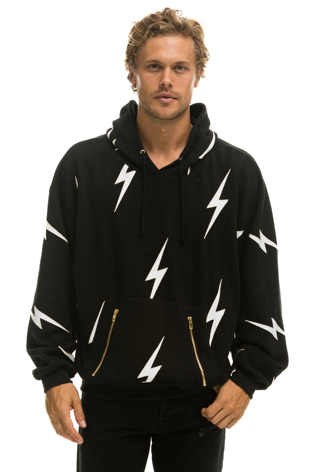 BOLT STITCH REPEAT RELAXED PULLOVER HOODIE WITH POCKET ZIPPERS - BLACK // WHITE - Image 2