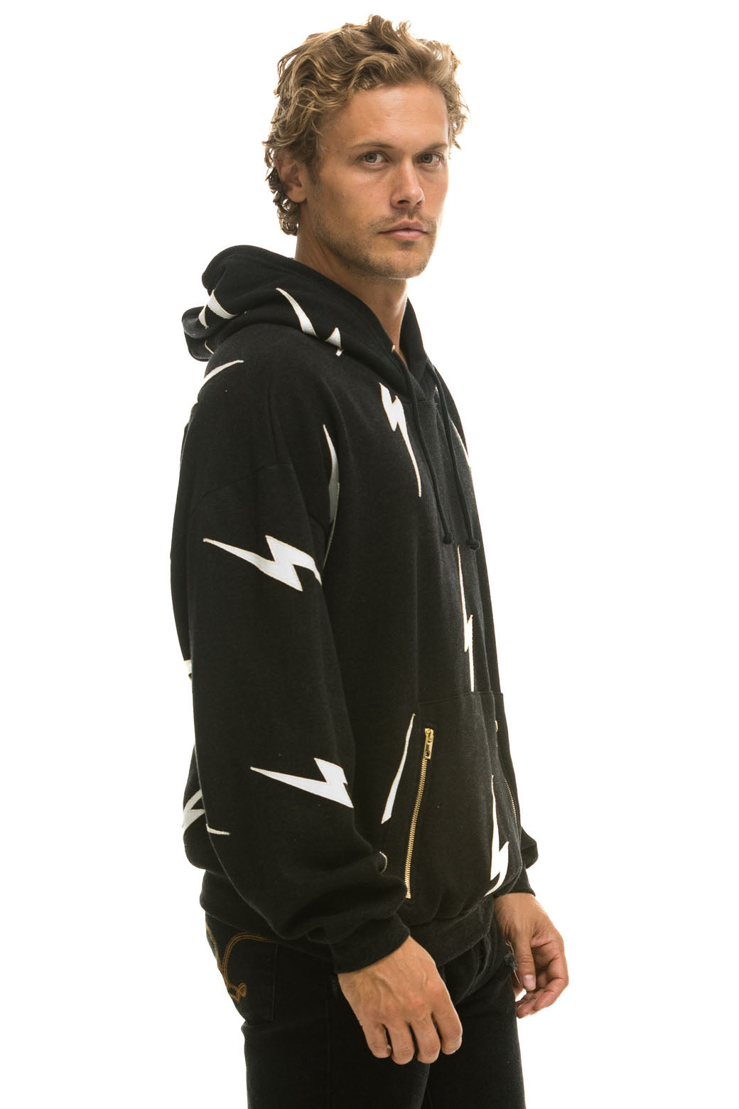 BOLT STITCH REPEAT RELAXED PULLOVER HOODIE WITH POCKET ZIPPERS - BLACK // WHITE - Image 6