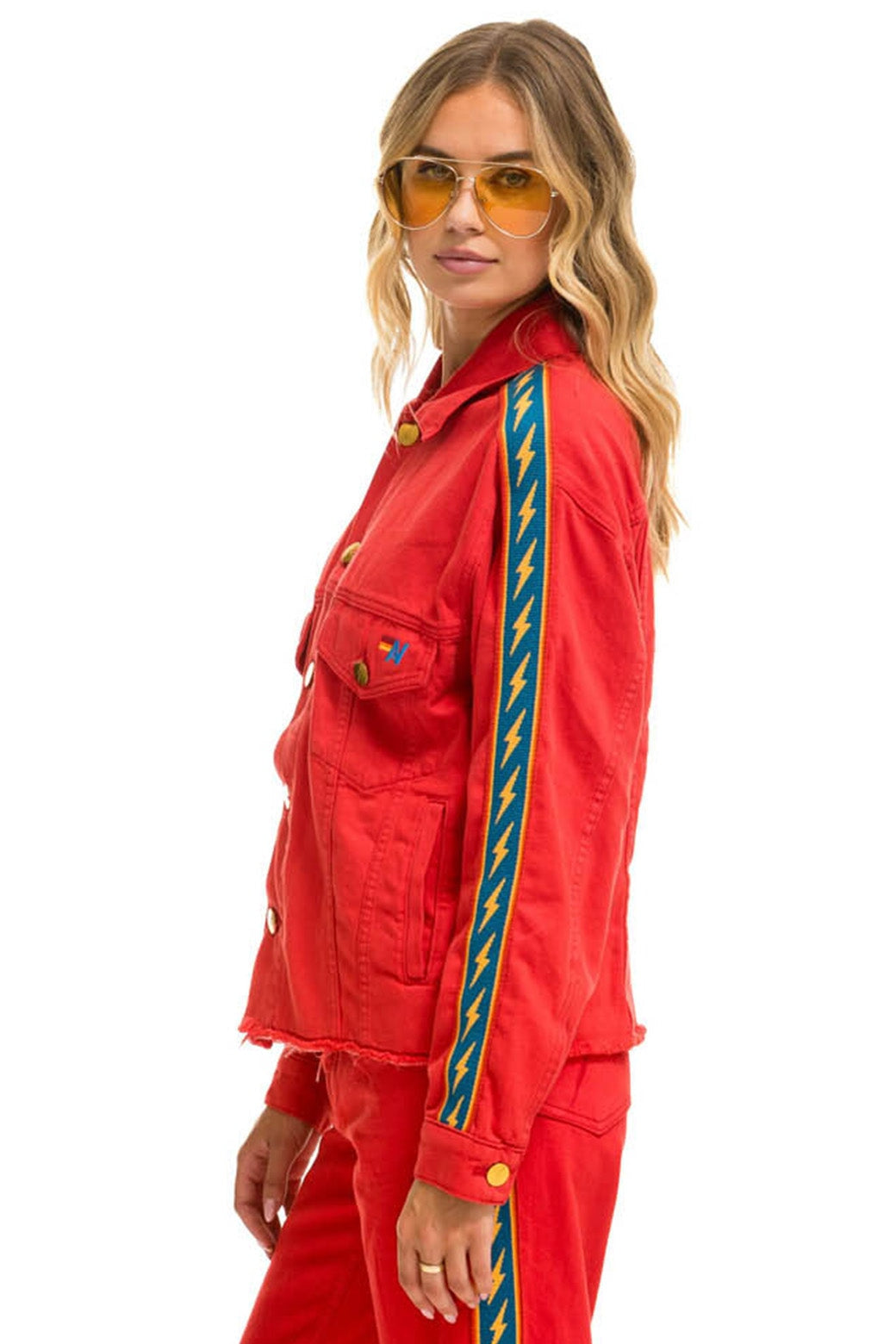 BOLT STRIPE OVERSIZED CUTOFF DENIM JACKET - RED - Image 4