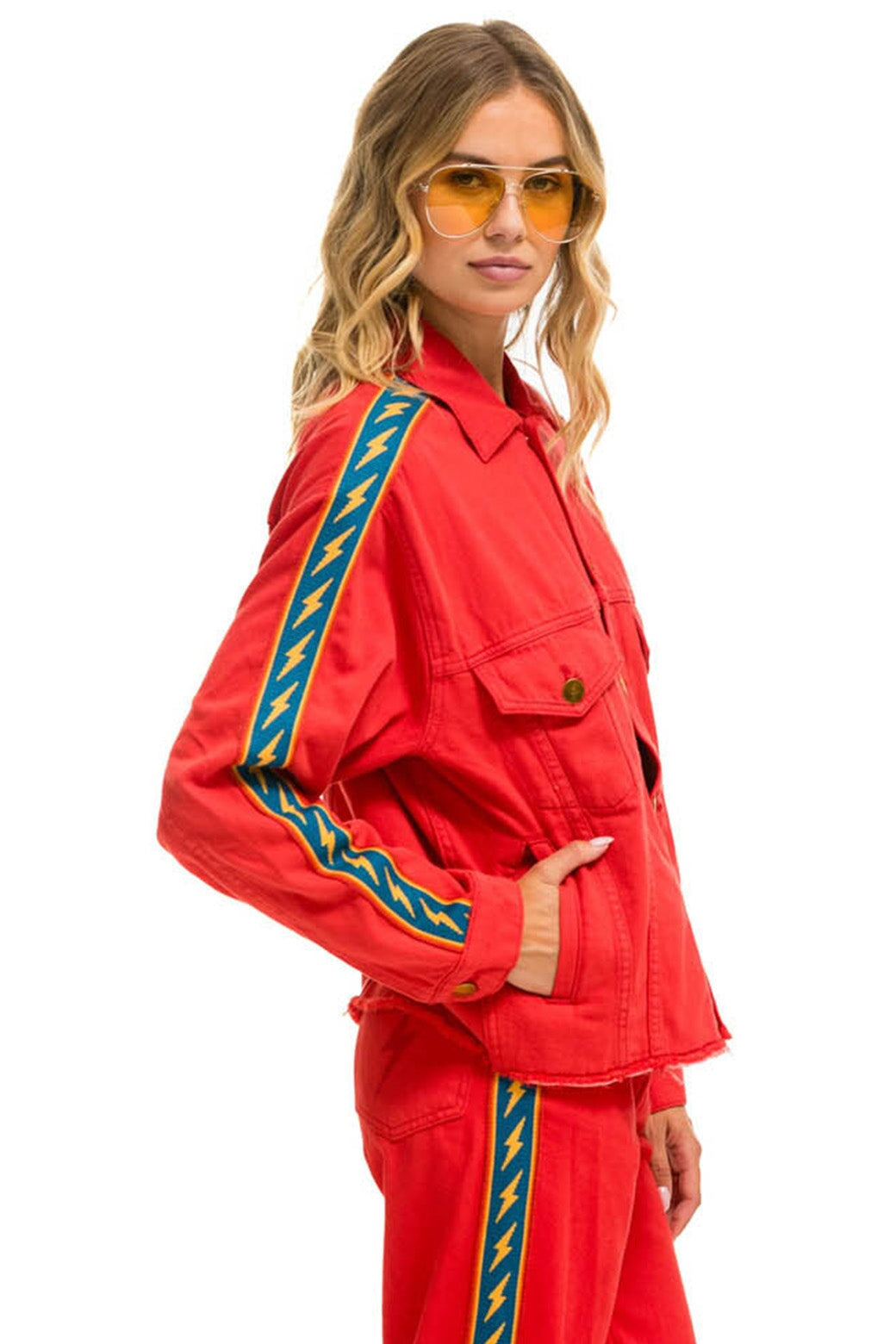 BOLT STRIPE OVERSIZED CUTOFF DENIM JACKET - RED - Image 2