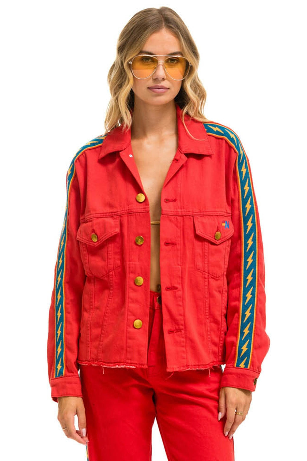 BOLT STRIPE OVERSIZED CUTOFF DENIM JACKET - RED - Image 3