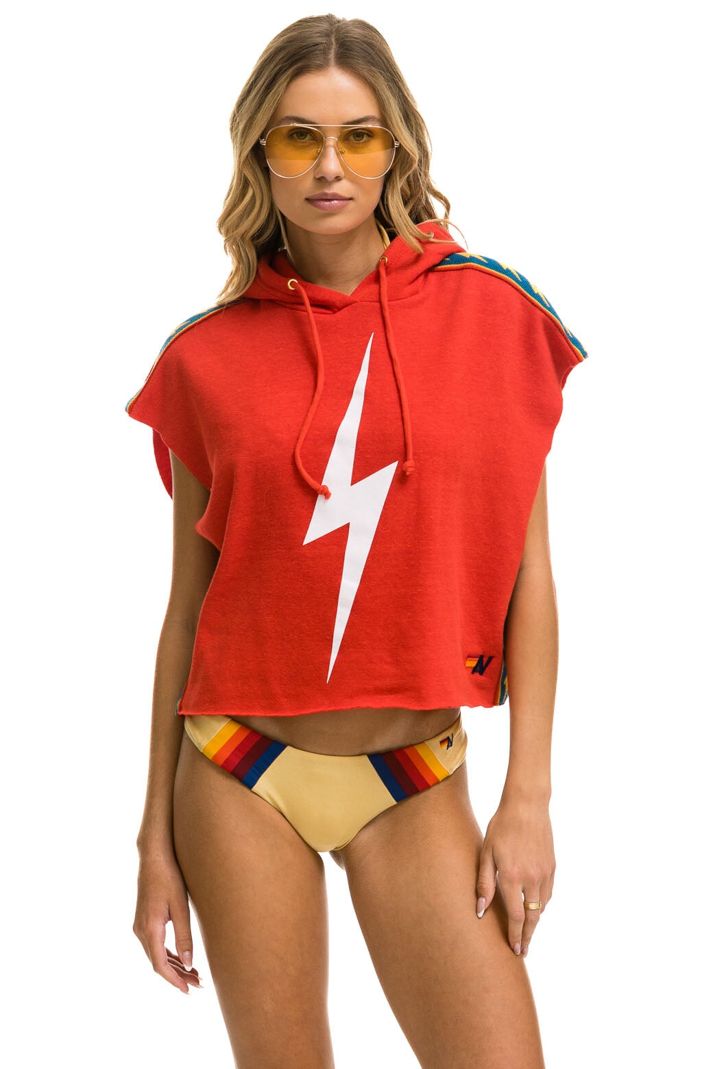 BOLT STRIPE SLEEVELESS RELAXED CROPPED PULLOVER HOODIE - RED - Image 5