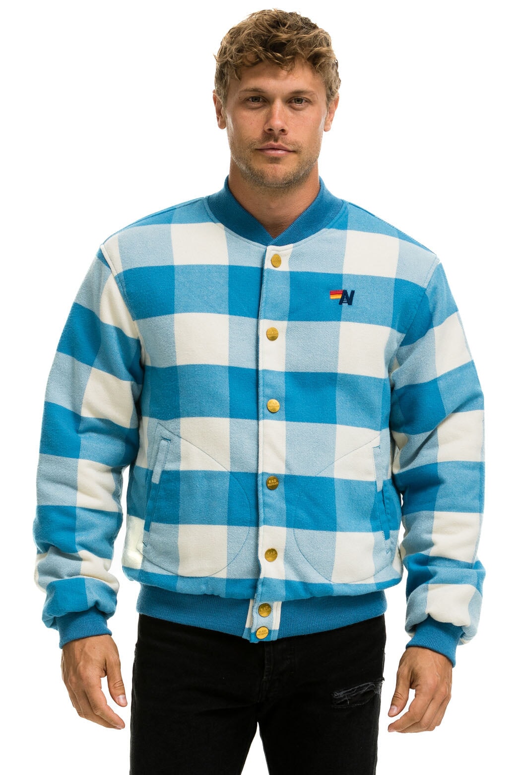 PLAID UNISEX VARSITY JACKET - SKY PLAID - Image 2