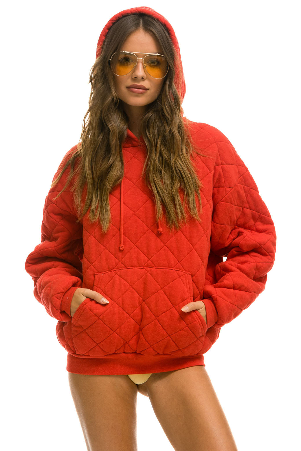 QUILTED RELAXED PULLOVER HOODIE - RED - Image 7