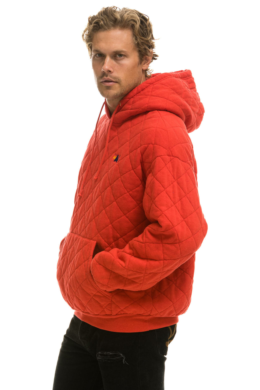 QUILTED RELAXED PULLOVER HOODIE - RED - Image 4
