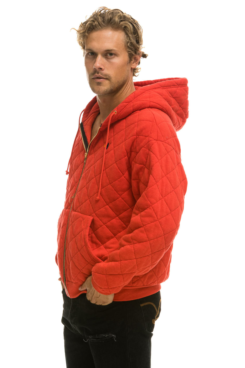 QUILTED ZIP HOODIE RELAXED - RED - Image 4
