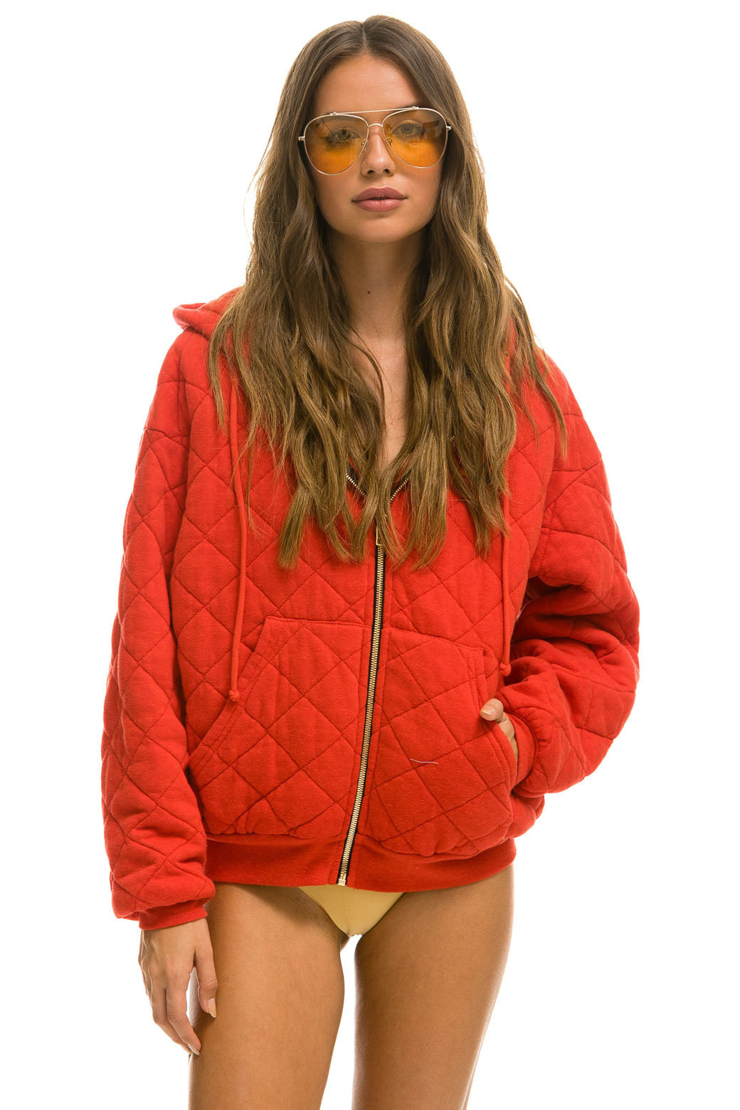 QUILTED ZIP HOODIE RELAXED - RED - Image 6