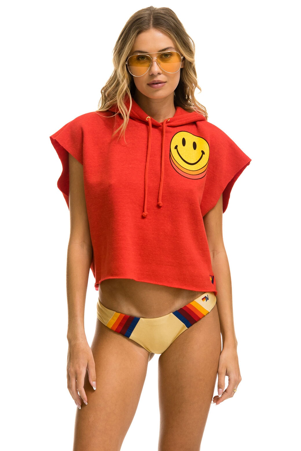 SMILEY SUNSET SLEEVELESS RELAXED CROPPED PULLOVER HOODIE - RED - Image 5