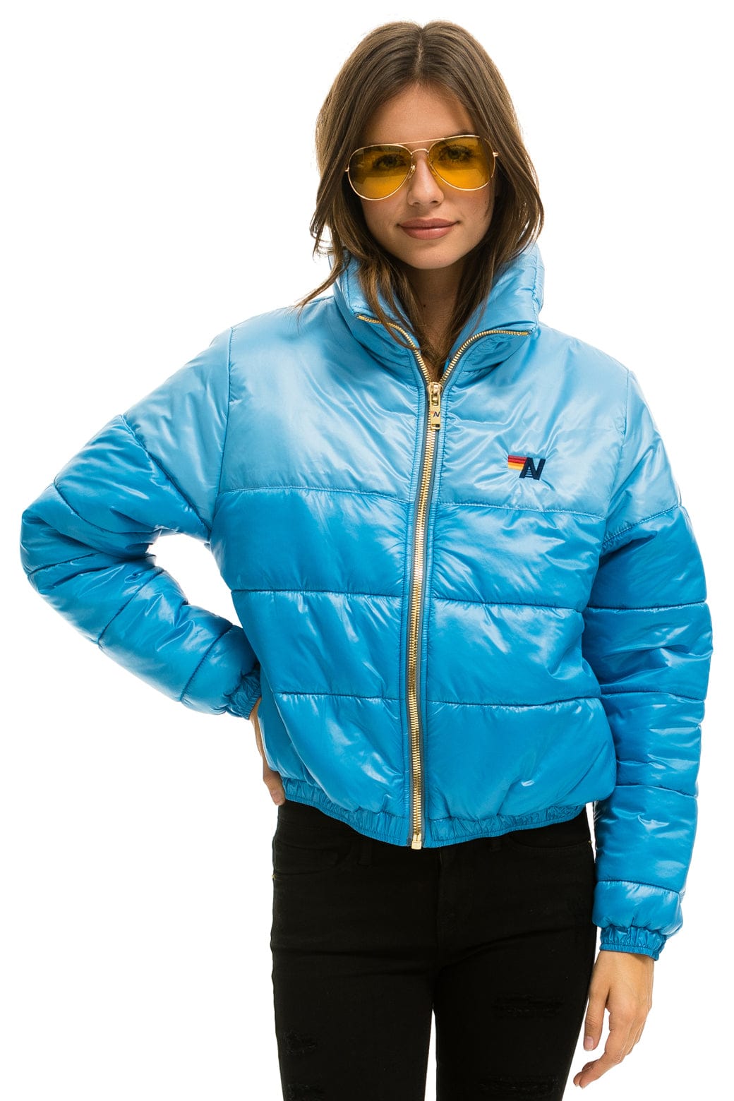 COLOR BLOCK HALF AND HALF APRES PUFFER JACKET - SKY GLOSSY - Image 2